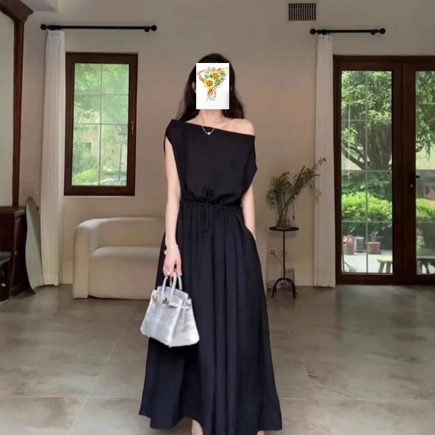 现货2025春夏女装大码一字肩连衣裙长裙优雅小黑裙小礼服赫本裙