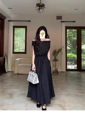 品牌现货连衣裙女显瘦2026新款一字肩长裙高级感气质小礼服小黑裙
