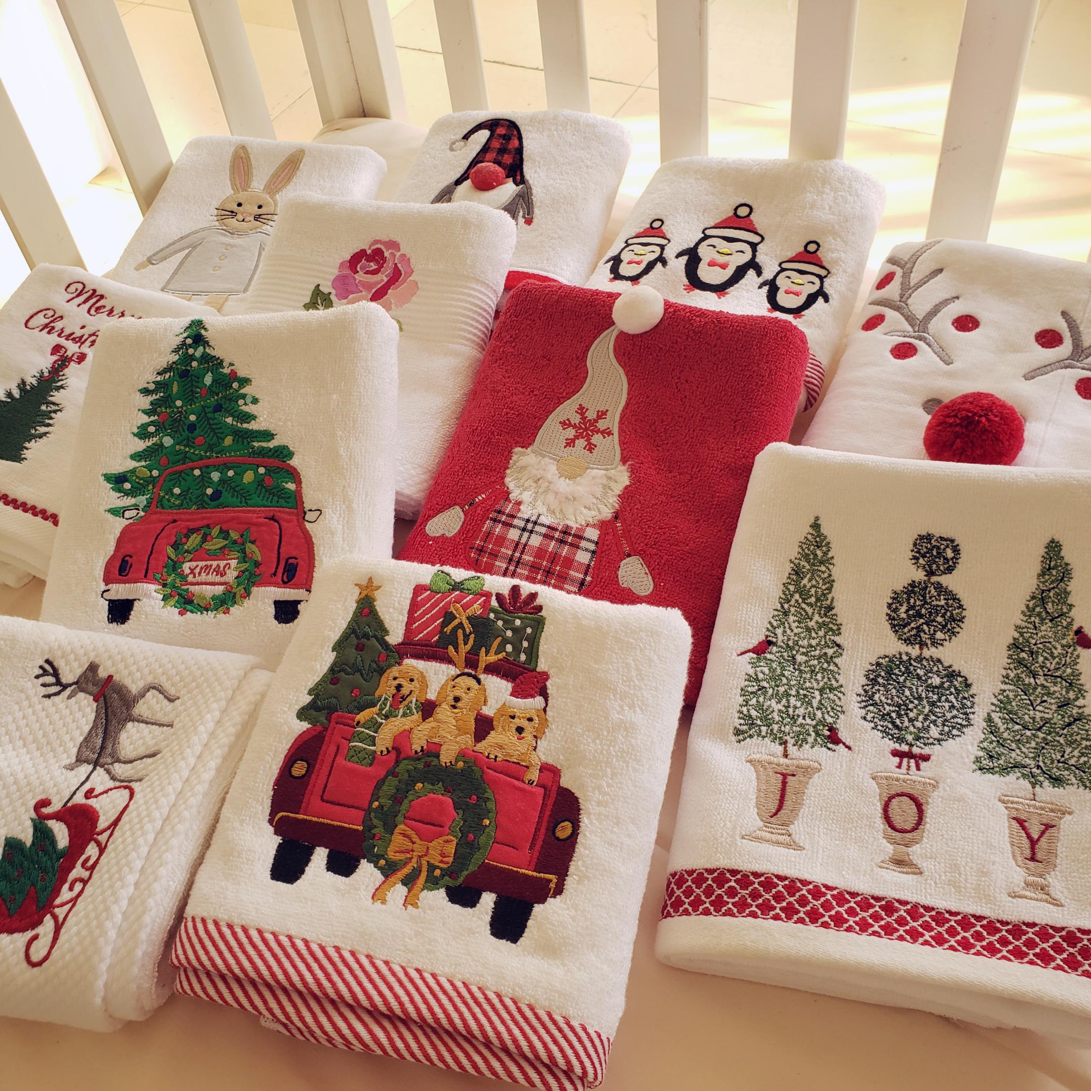 欧美余单!微瑕高阶精致刺绣全棉圣诞擦手毛巾厨房巾纯棉面巾厚软