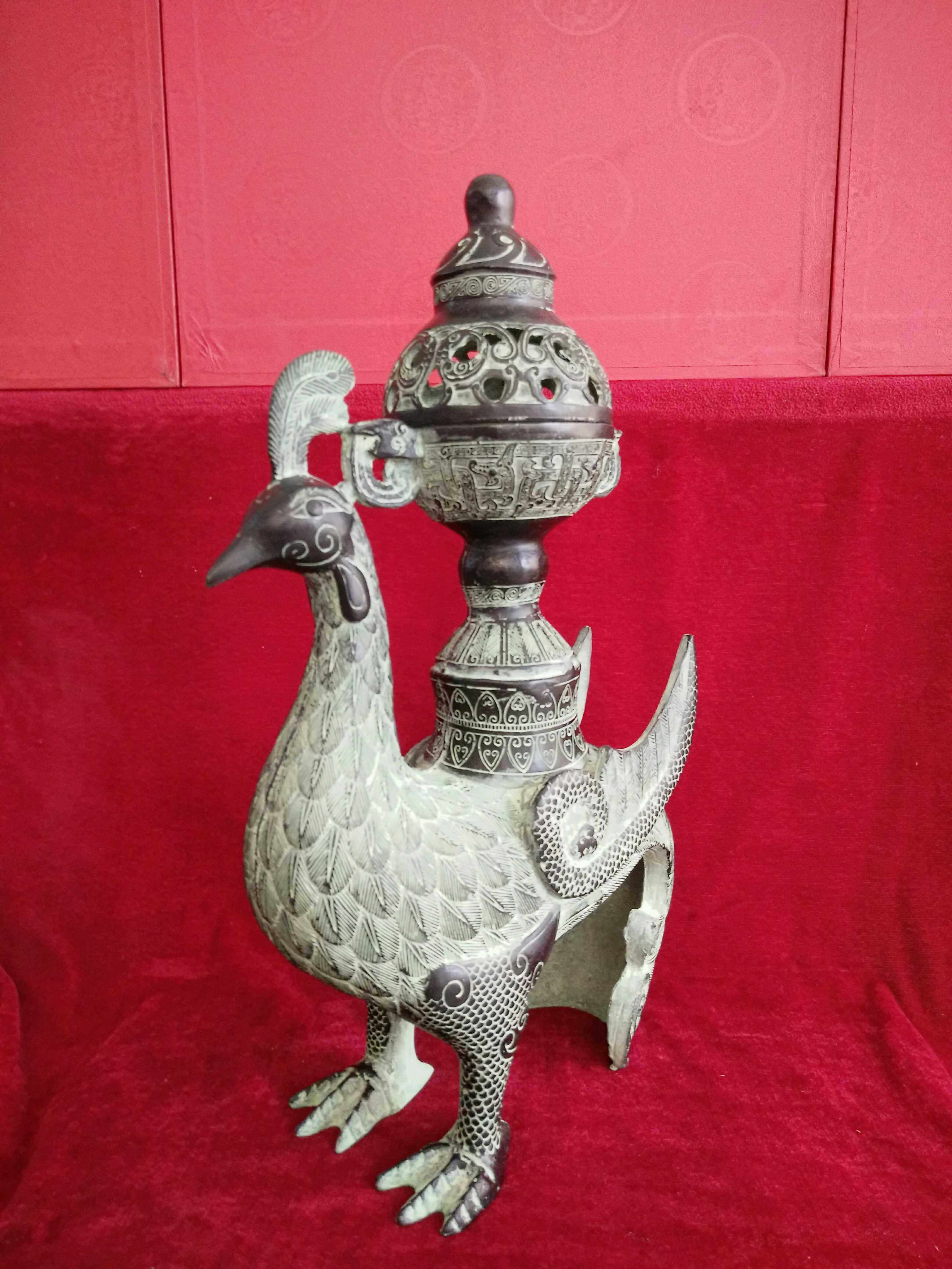 单凤熏仿古青铜器摆件凤鸟熏炉古玩家居装饰品复古熏香炉凤凰摆件