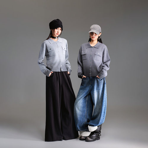 拓谷秋冬翻领渐变扣子针织开衫女