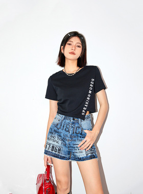 拓谷潮牌辣妹短袖T恤女夏季新款刺绣修身露脐t恤短款上衣X40374