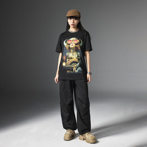 拓谷个性潮牌中性风宽松t恤女装设计感印花显瘦圆领套头上衣40562