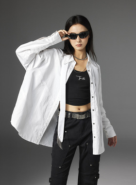 拓谷领带衬衫学院风宽松小众长袖上衣显瘦白色中长款衬衣女Q40276