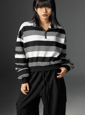 拓谷设计感半拉链卫衣女秋季新款翻领宽松套头条纹长袖上衣Q40443