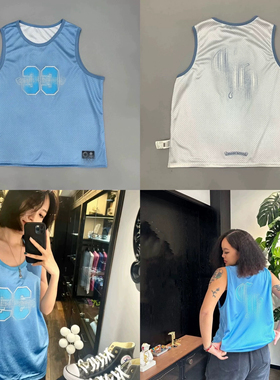 【现货】潮牌梵文字母印花33网眼蓝色银双面穿运动男女款背心T恤