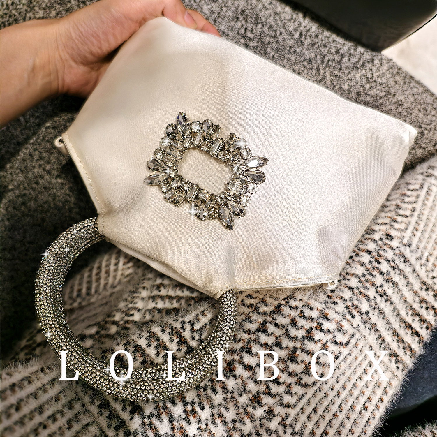 LOLIBOX新缎面淑女水钻手提小方包方扣钻复古旗袍女斜跨晚宴会包