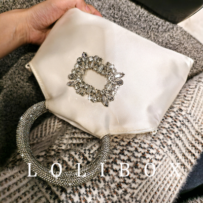 LOLIBOX新缎面淑女水钻手提小方包方扣钻复古旗袍女斜跨晚宴会包