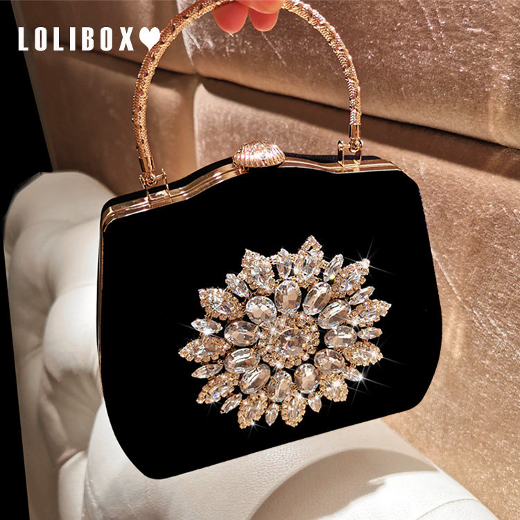 LOLIBOX定制太阳花合金水钻雕花手提丝绒女小手包斜跨包晚宴会包