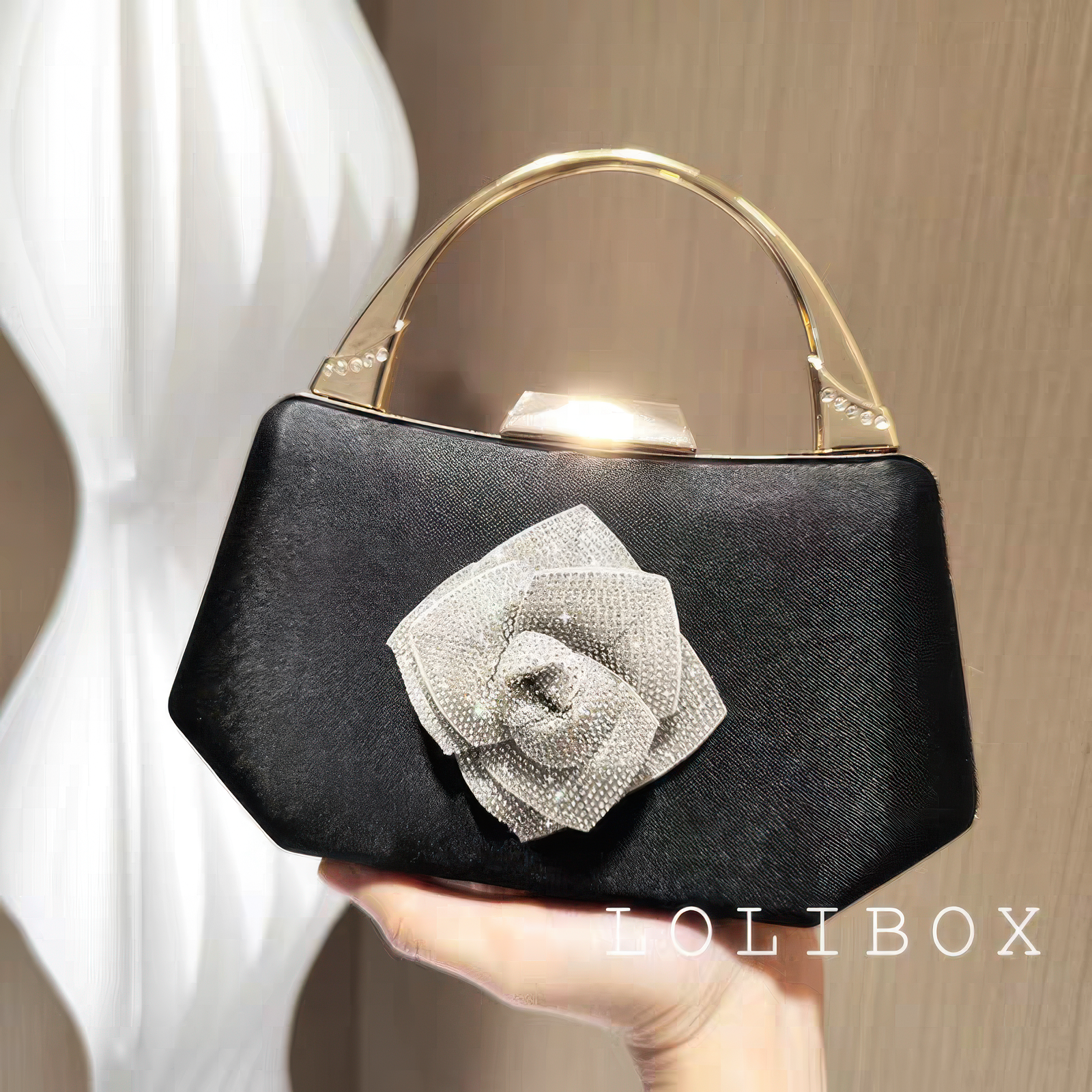 LOLIBOX复古名媛缎面水钻山茶花手拿包小包手提斜跨晚宴会礼服包