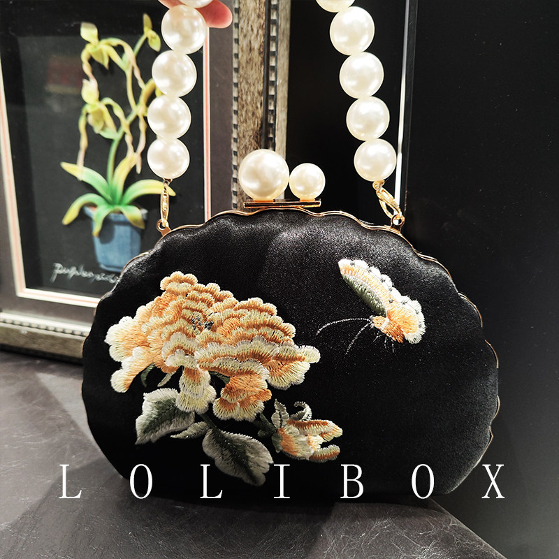 LOLIBOX新缎面刺绣珍珠链复古旗袍包小女包手提斜跨晚宴会礼服包