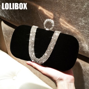 LOLIBOX定制新品 絲絨水鉆指環(huán)包女小手拿包晚宴包鏈條斜跨宴會包