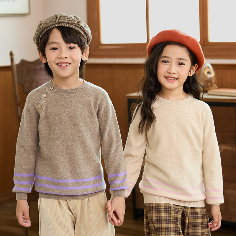 横条圆领羊毛衫加厚秋冬儿童羊绒衫男童女童中大童小孩宝宝毛衣
