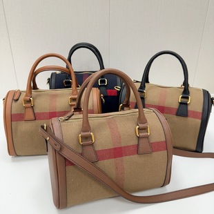 新款黄麻料中号手提枕头包进口头层荔枝纹牛皮小号斜挎波士顿女包