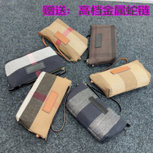 横版中古款格子拉链手拿包经典款黄麻手腕零钱包斜挎链条小方包