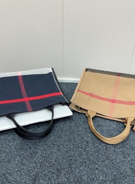 横版中古款格子托特包可水洗手提电脑包黄麻大容量商务腋下tote包