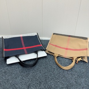 横版中古款格子托特包可水洗手提电脑包黄麻大容量商务腋下tote包