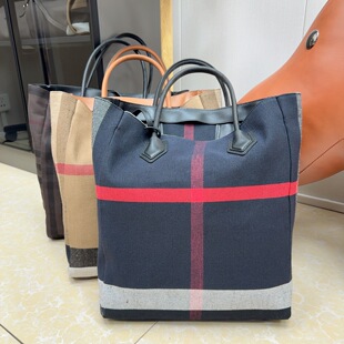 竖版中古款格子帆布托特手提包黄麻料搭配牛皮松弛感大容量腋下包
