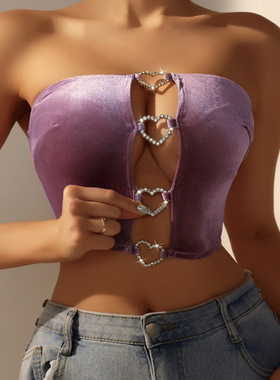 欧美风性感爱心镶钻抹胸小背心女镂空情趣诱惑修身高腰辣妹内衣潮