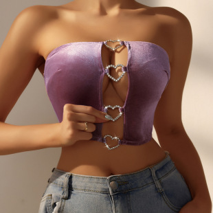 欧美风性感爱心镶钻抹胸小背心女镂空****诱惑修身 高腰辣妹内衣潮