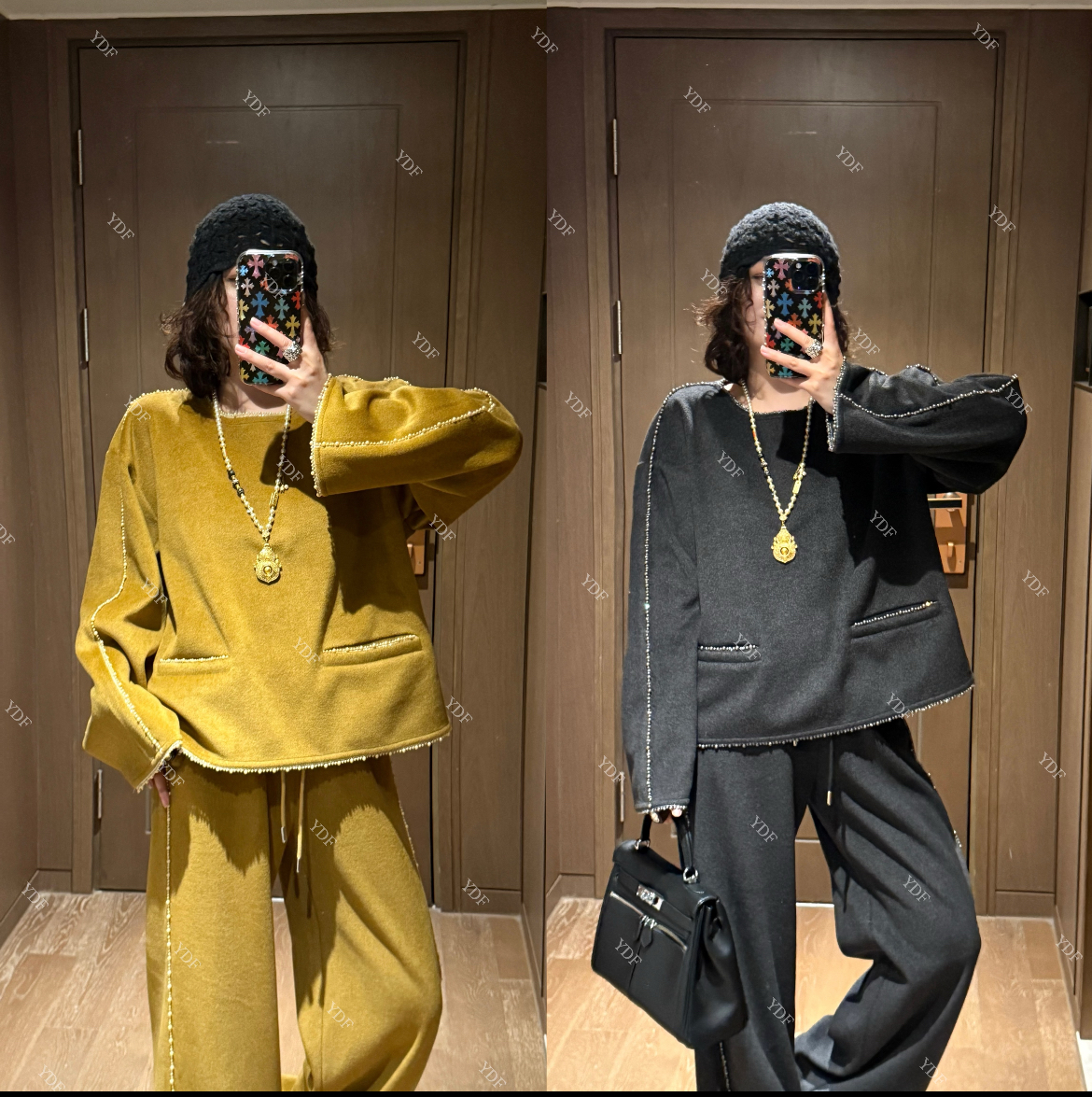 YDFSTUDIO小众【暖色星辰】欧货重工钉珠拼接设计上衣+裤子套装