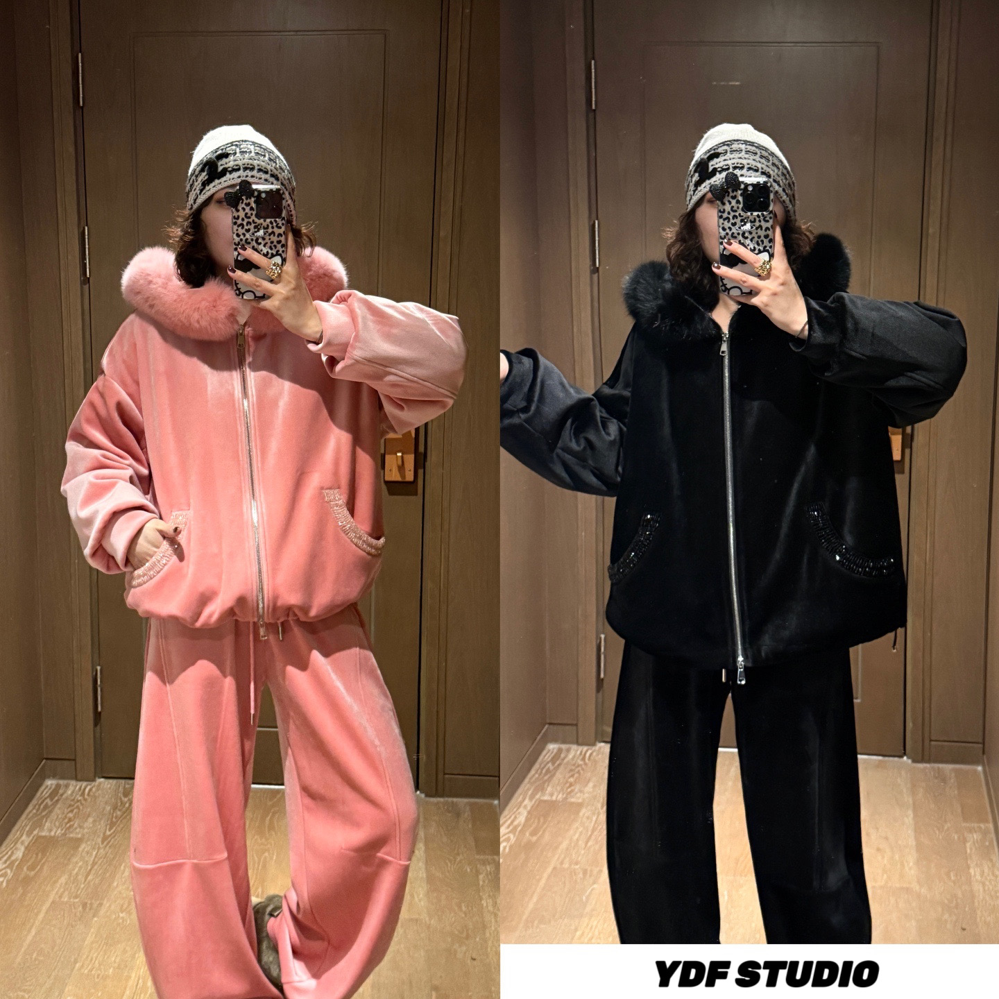 YDFSTUDIO小众【茜茜公主】欧货连帽毛毛拼接羽绒上衣+裤子套装