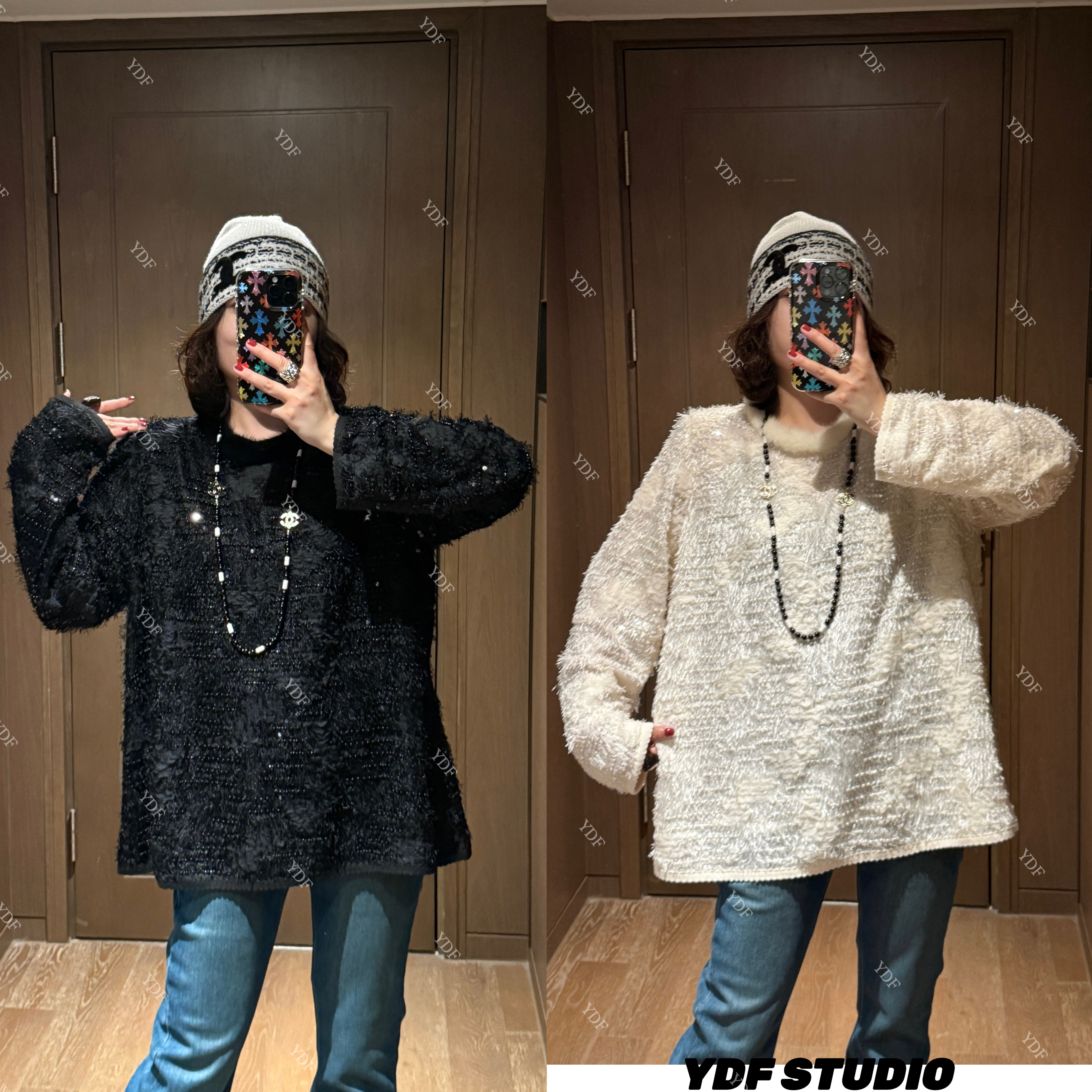 YDFSTUDIO小众【质感交响】欧货重工亮片毛领拼接设计时尚上衣