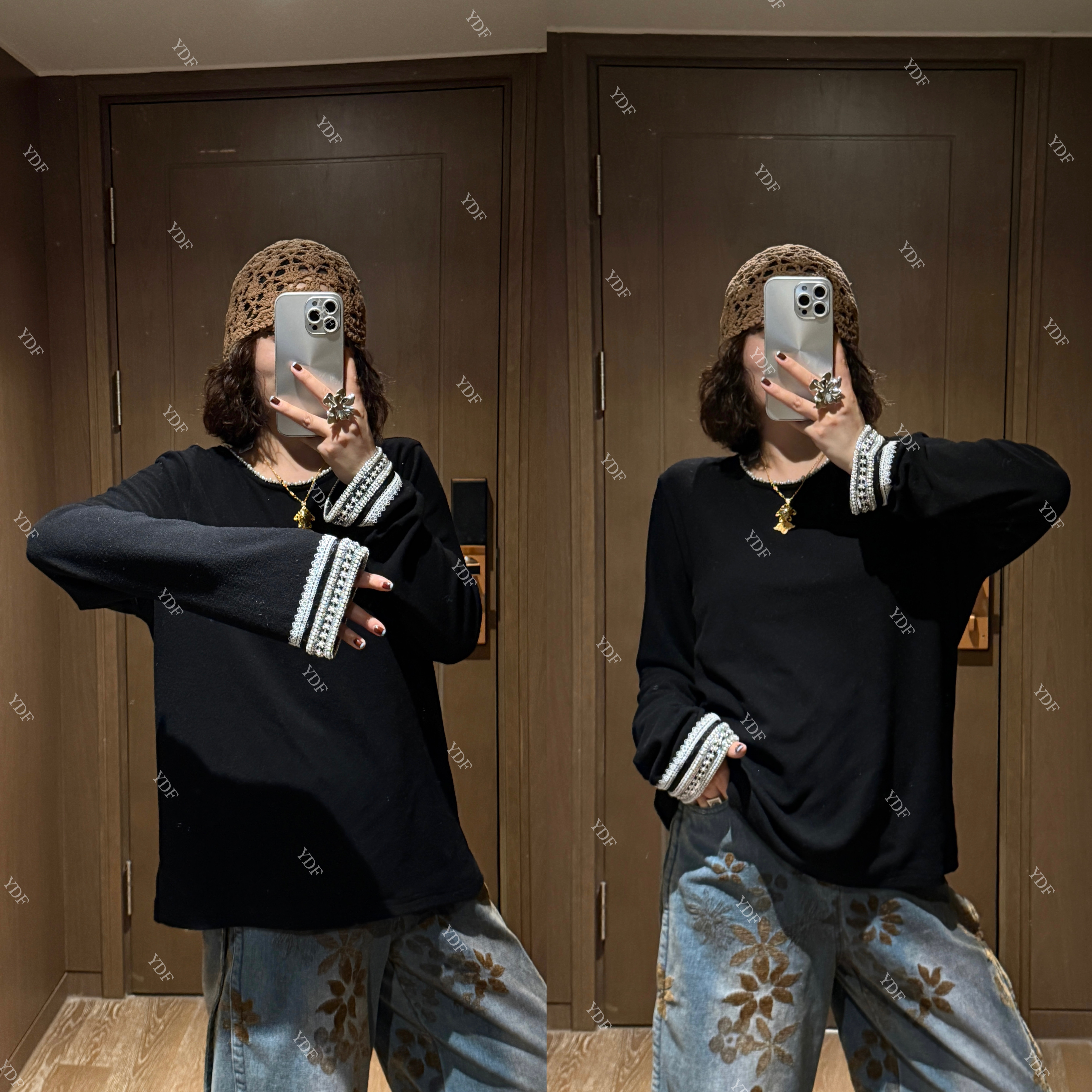 YDFSTUDIO小众【格外好搭】欧货高品重工撞色拼接设计时尚上衣