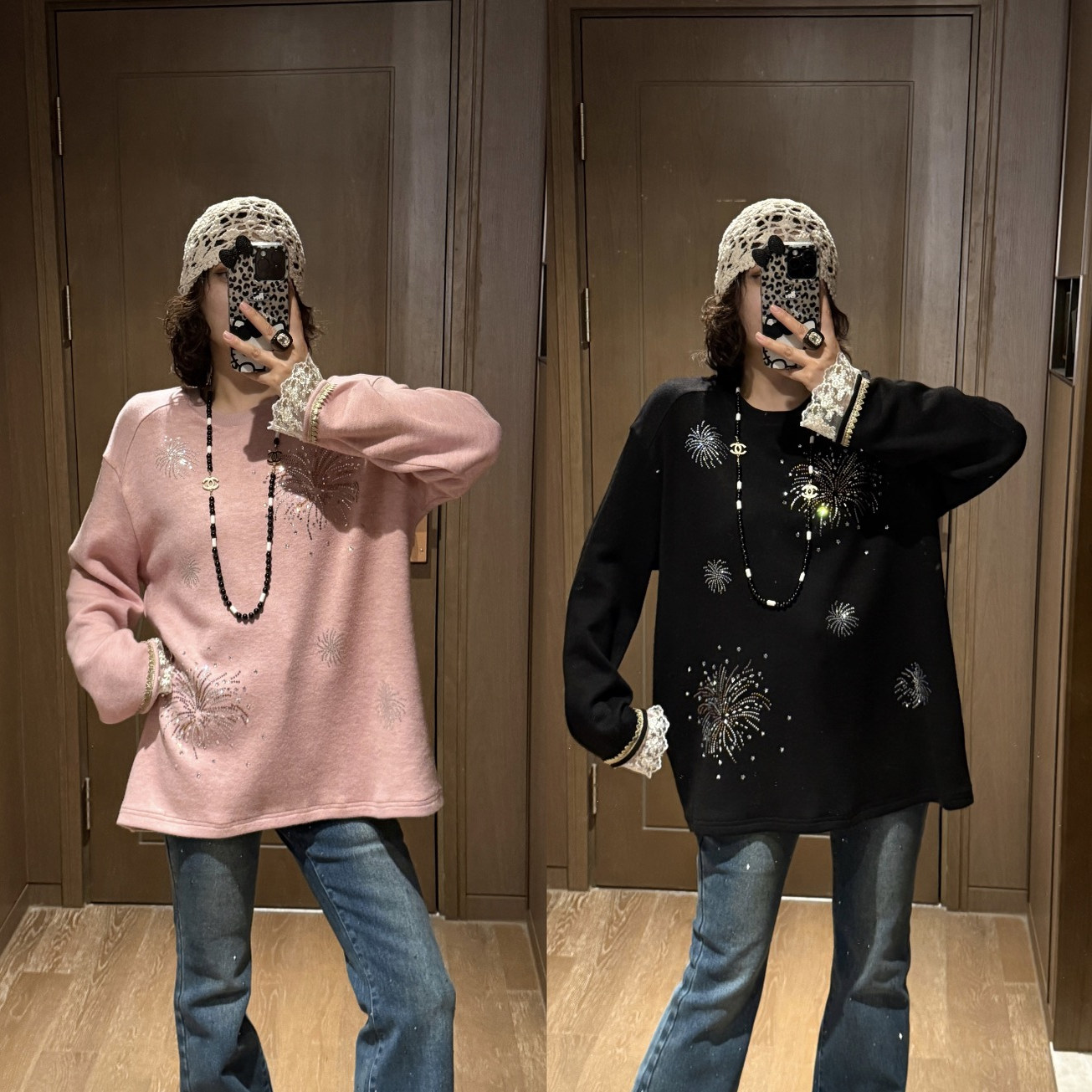 YDFSTUDIO小众【烟火盛宴】欧货高品重工烫钻蕾丝拼接设计卫衣