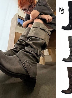 韩国正品negativethree复古多扣带NT3过膝高筒长靴骑行靴堆堆靴女