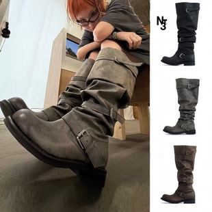 韩国正品negativethree复古多扣带NT3过膝高筒长靴骑行靴堆堆靴女