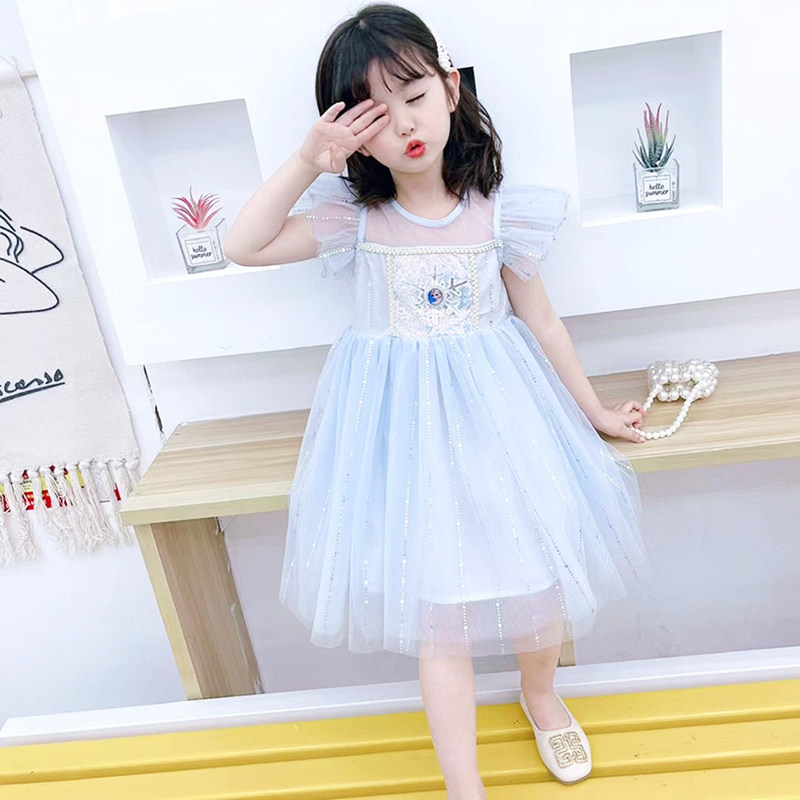 爱纱公主裙子2025夏季新款超仙亮片蓝色夏裙子生日礼服儿童粉色特