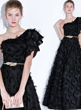 黑色晚礼服女2025新款宴会高贵优雅气质年会主持晚装端庄大气长款