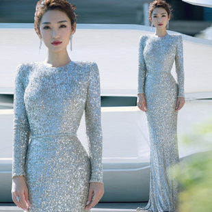 宴会晚礼服2025新款主持人修身显瘦银色亮片高端大气晚装演出服女