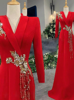 宴会晚礼服裙女2025新款轻奢小众高级感艺考演出服长款红色敬酒服