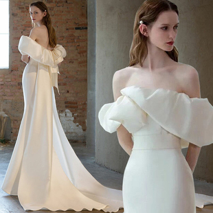 宴会晚礼服2025新款 新娘结婚轻婚纱礼服高级感小众一字肩鱼尾拖尾