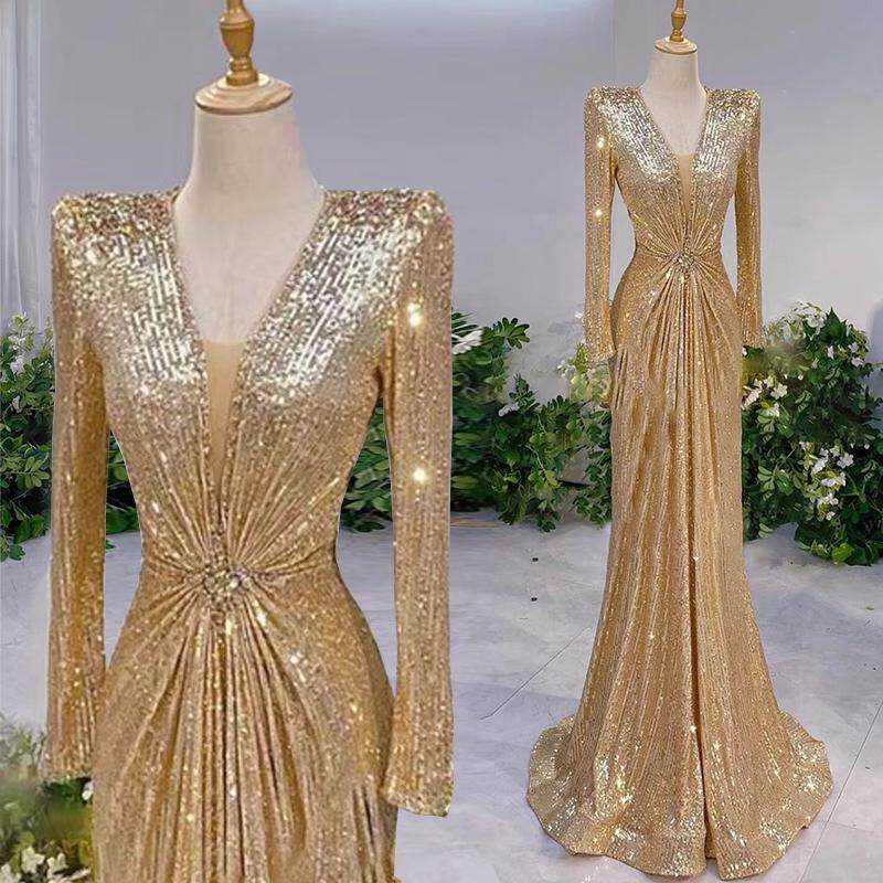 修生鱼尾长袖坠地长裙亮片晚礼服