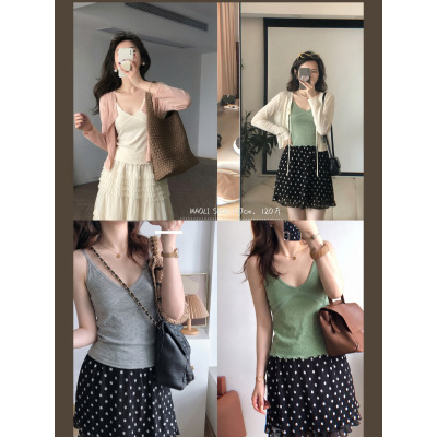 毛丽小四郎 复古蕾丝拼接V领吊带背心女内搭打底上衣绿色修身甜美