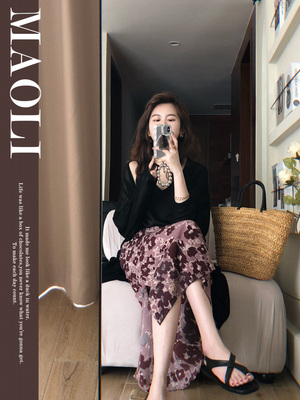 小众浓郁复古印花开衩半身裙
