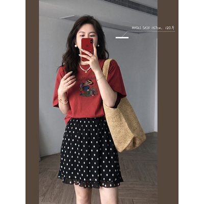 毛丽小四郎【童趣感】卡通风红短袖T恤女减龄舒适透气上衣休闲