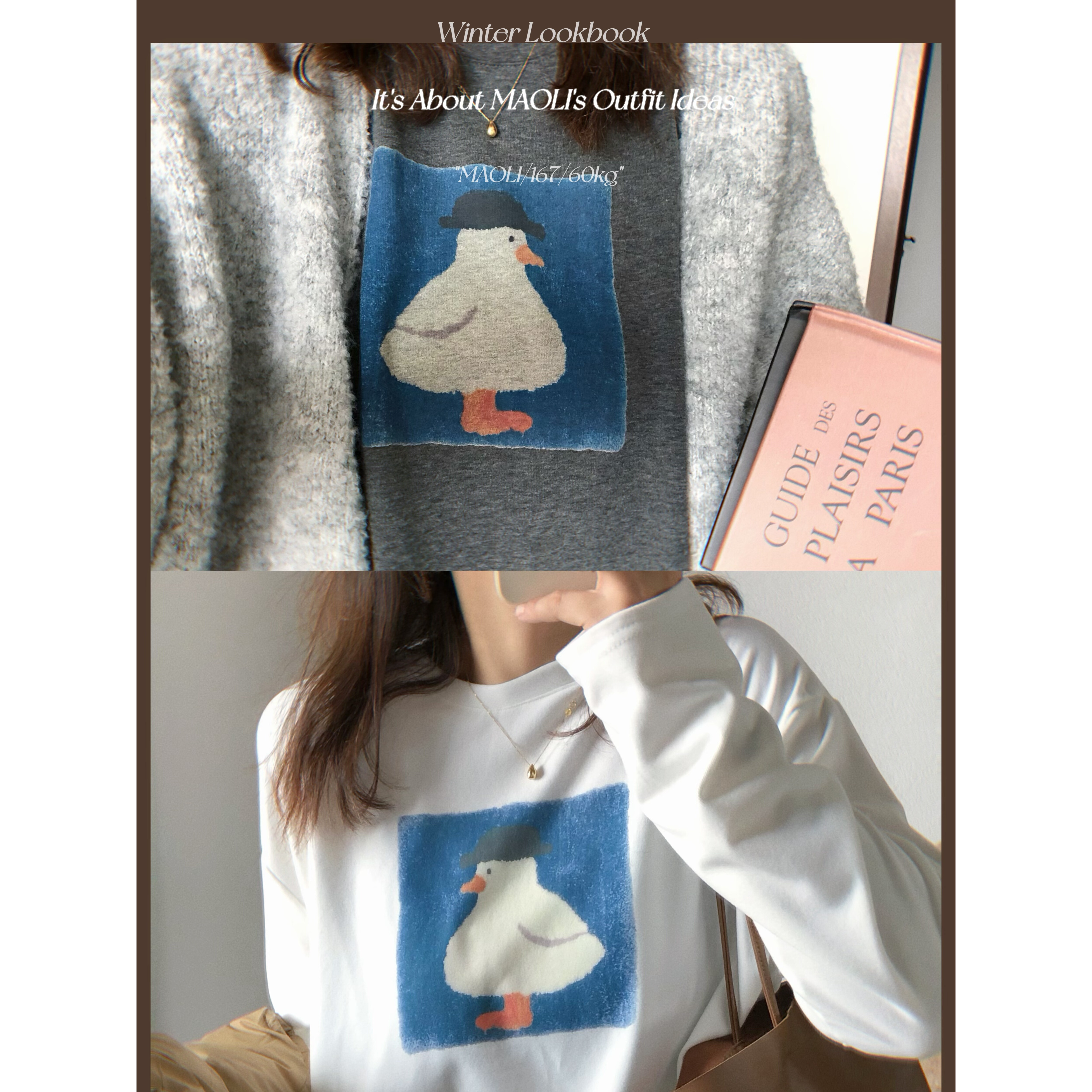 毛丽小四郎【呆萌卡通】韩系趣味鸭子印花长袖T恤女白色宽松T恤女