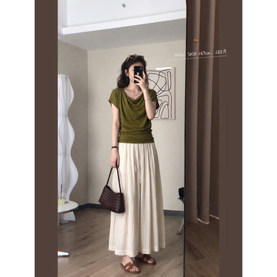 毛丽小四郎【显白橄榄绿】法式荡领短袖T恤女褶皱收腰气质上衣夏