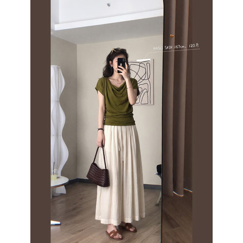 毛丽小四郎【显白橄榄绿】法式荡领短袖T恤女褶皱收腰气质上衣夏