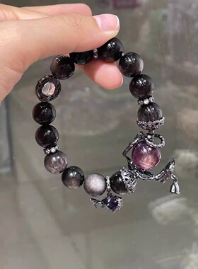 原创天然黑银曜石水晶紫里云母手链女生大颗粒个性设计串珠