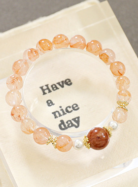 天然水晶芬达胶花手串女款感叠戴贝珠手链招财本命年红色