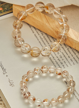 天然黄铁矿水晶手链圆珠10珠子黄铜矿白水晶共生铜闪片手串饰品