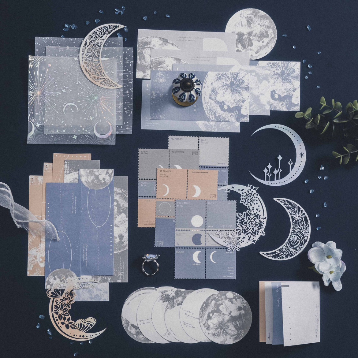 63张入美好的一天素材纸 月胧星纱压花月亮月相主题手帐装饰素材