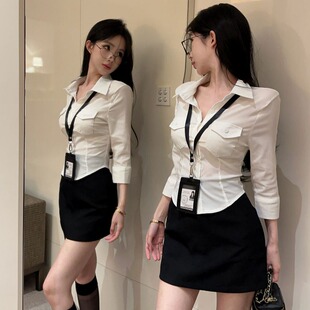 夏季纯欲辣妹设计感收腰jk衬衫修身包臀短裙a字裙子工作服套装女