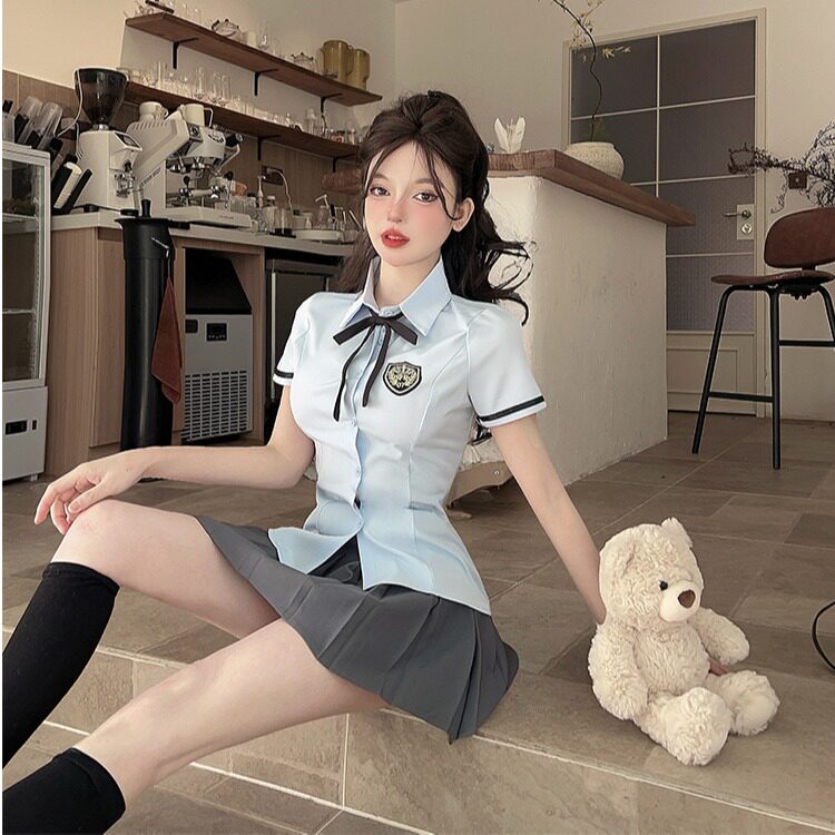 学院风白色短袖衬衫上衣夏季纯欲性感百褶裙jk制服减龄工作服套装