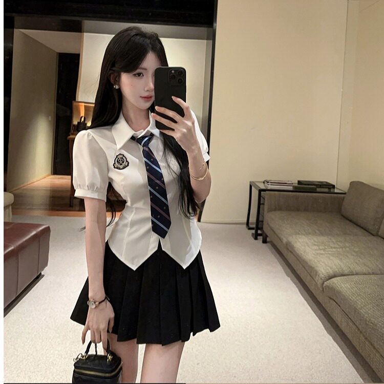 夏季甜辣JK蓝衬衫百褶裙套装